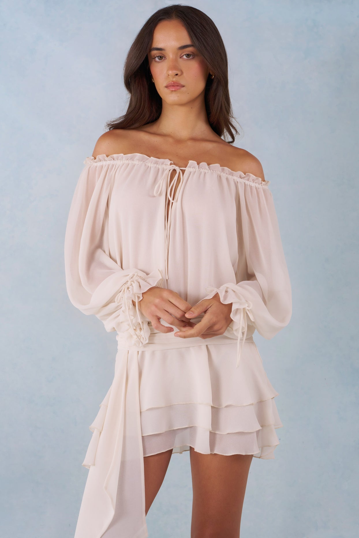 Off-Shoulder Balloon-Sleeve Mini Dress in Ivory - 9