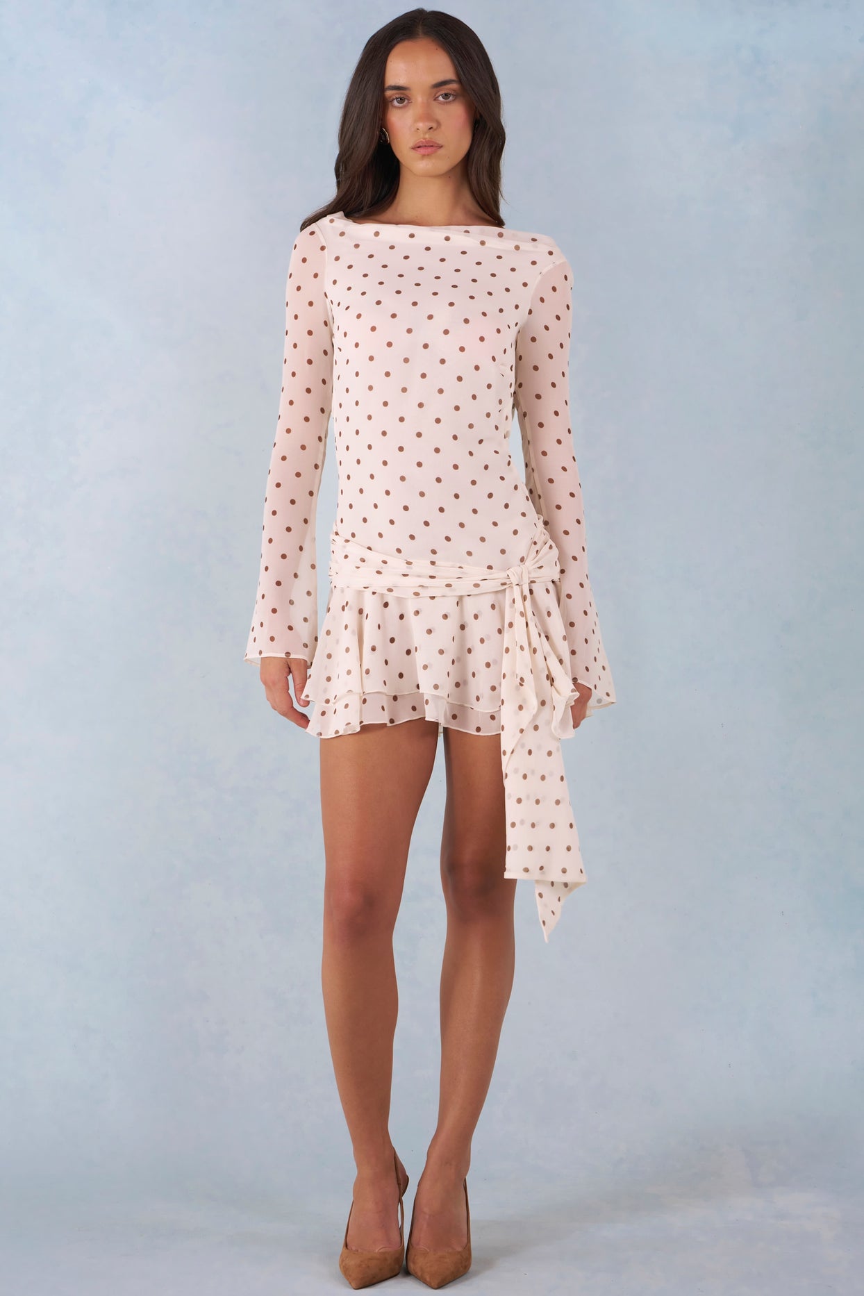 Long-Sleeve Open-Back Mini Dress in Ivory Polka Dot Print - 5