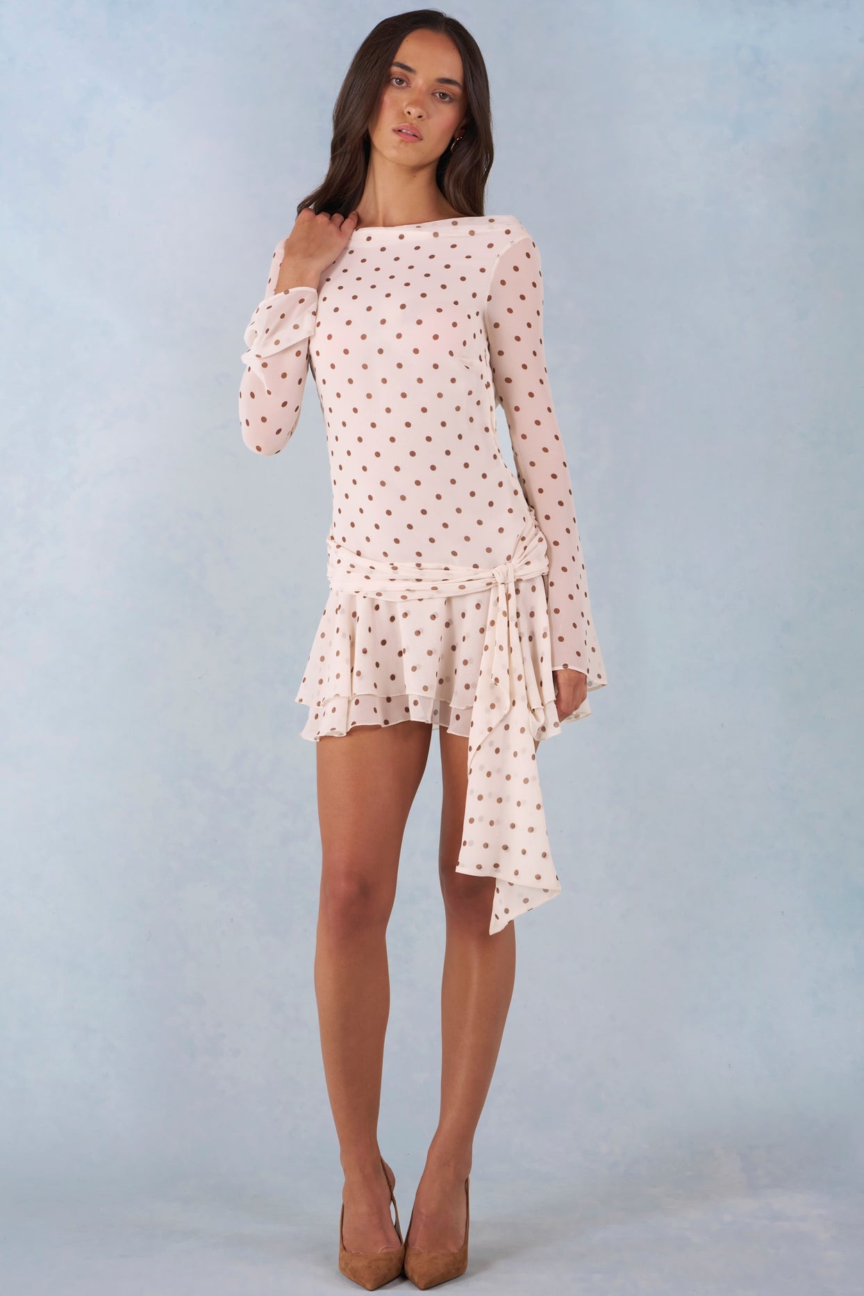 Long-Sleeve Open-Back Mini Dress in Ivory Polka Dot Print - 8