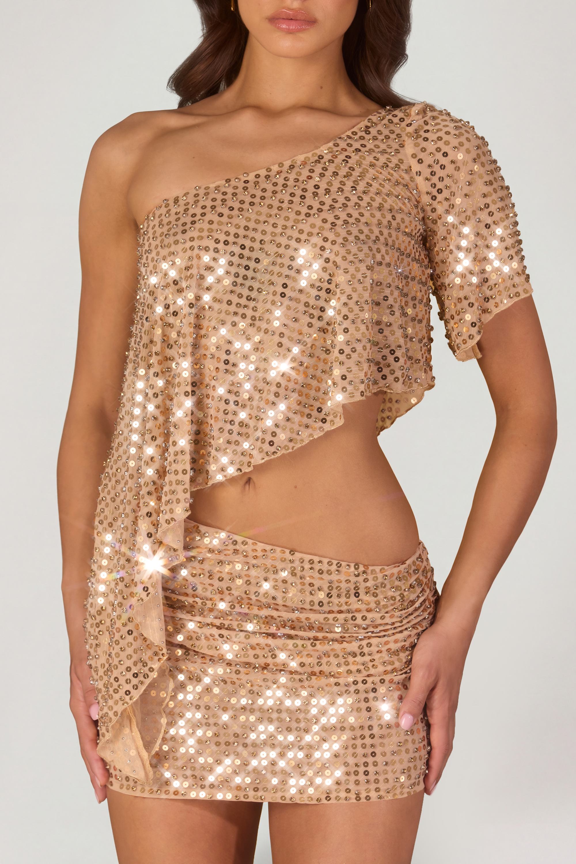 Embellished One-Shoulder Asymmetric Top in Gold