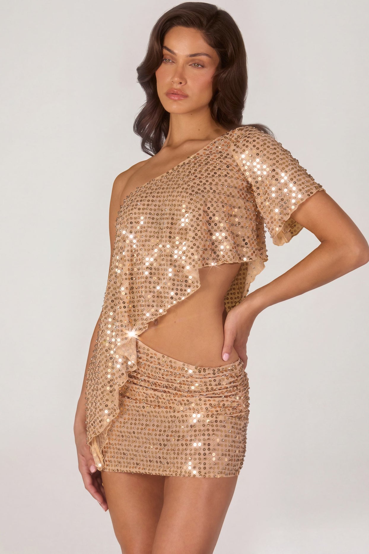 Embellished One-Shoulder Asymmetric Top in Gold - 6