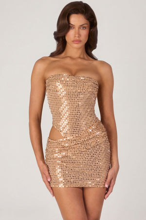 Embellished Cut-Out Mini Dress in Gold