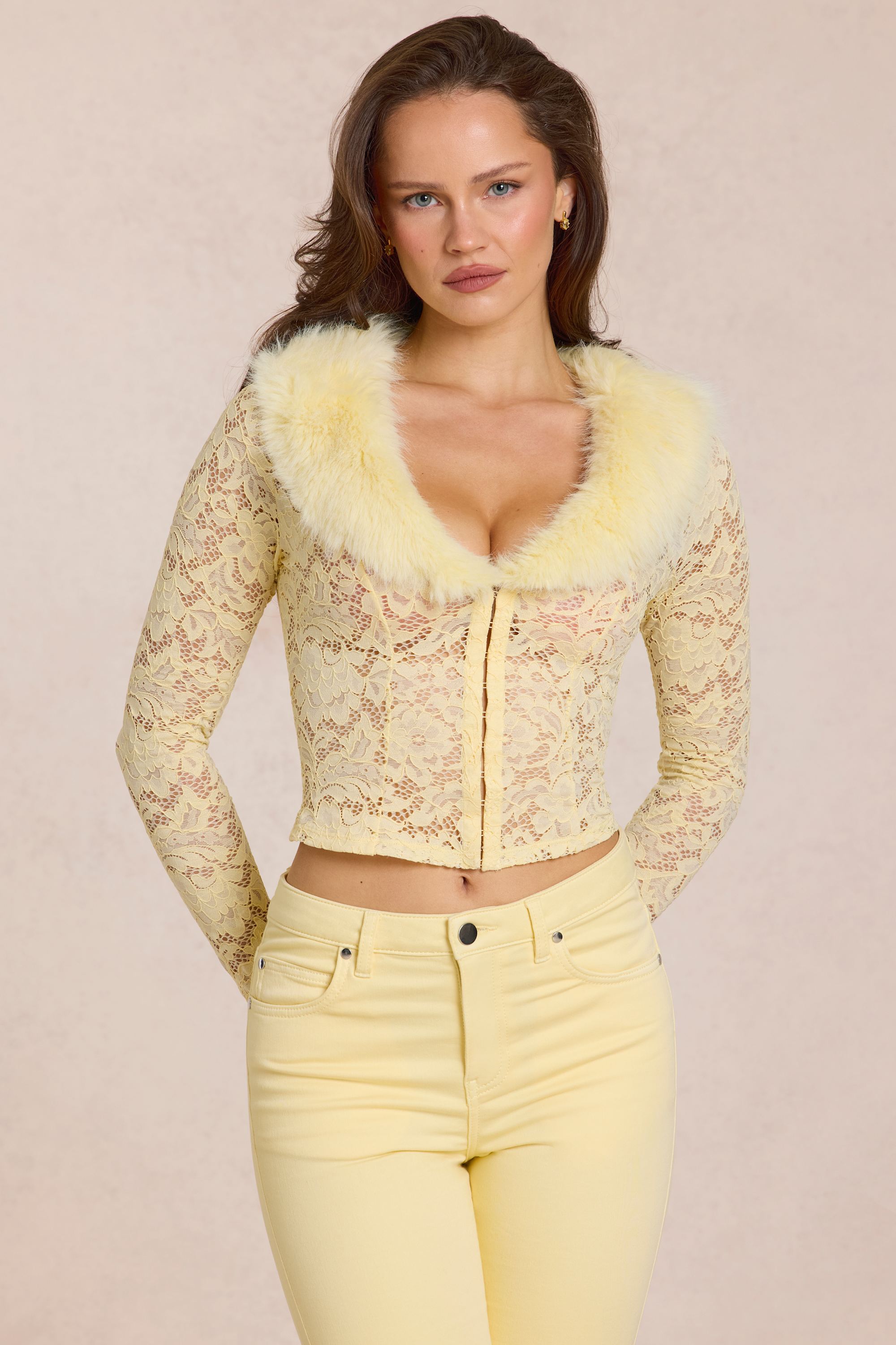 Lace Faux-Fur-Trim Cardigan in Lemon Yellow