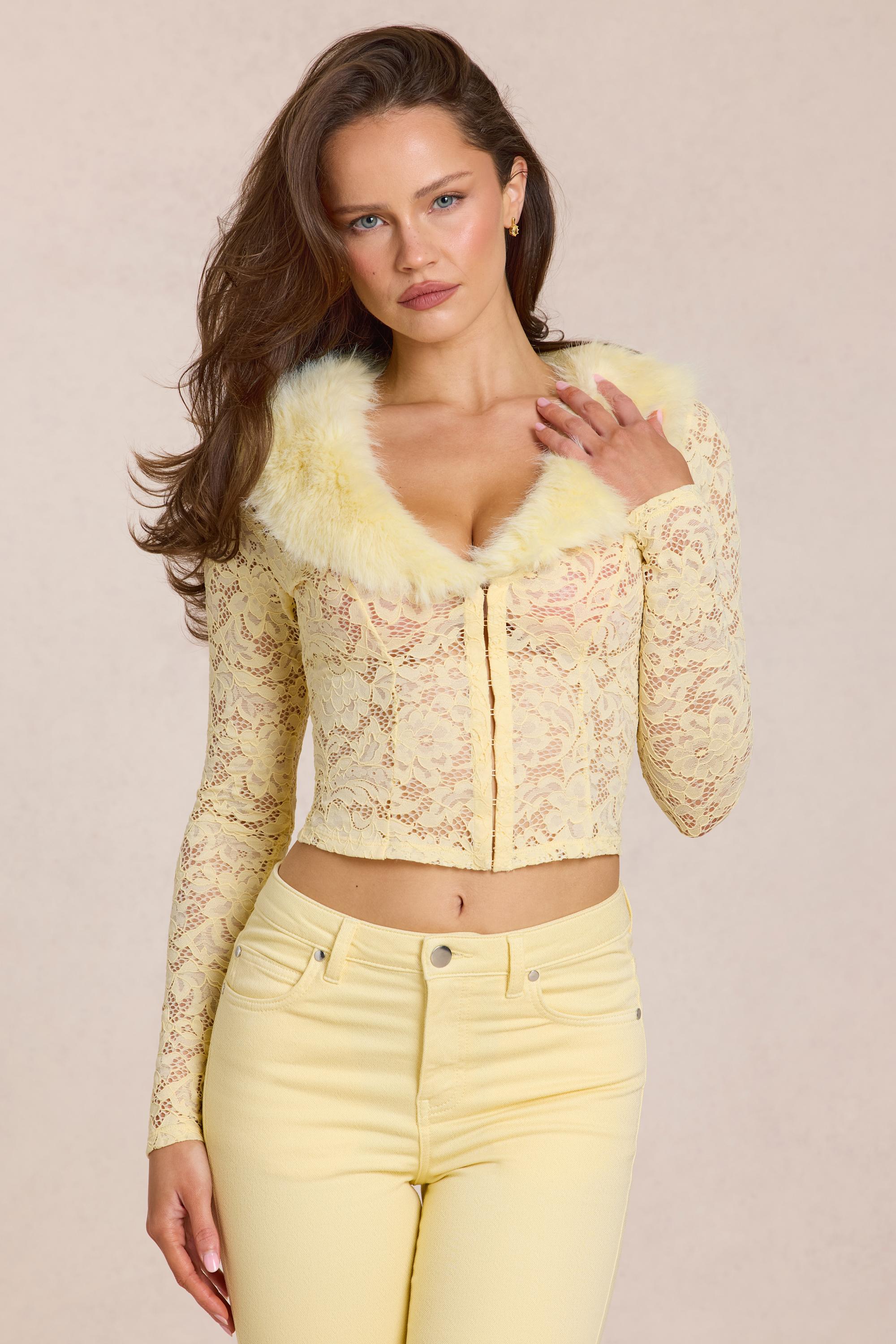 Lace Faux-Fur-Trim Cardigan in Lemon Yellow