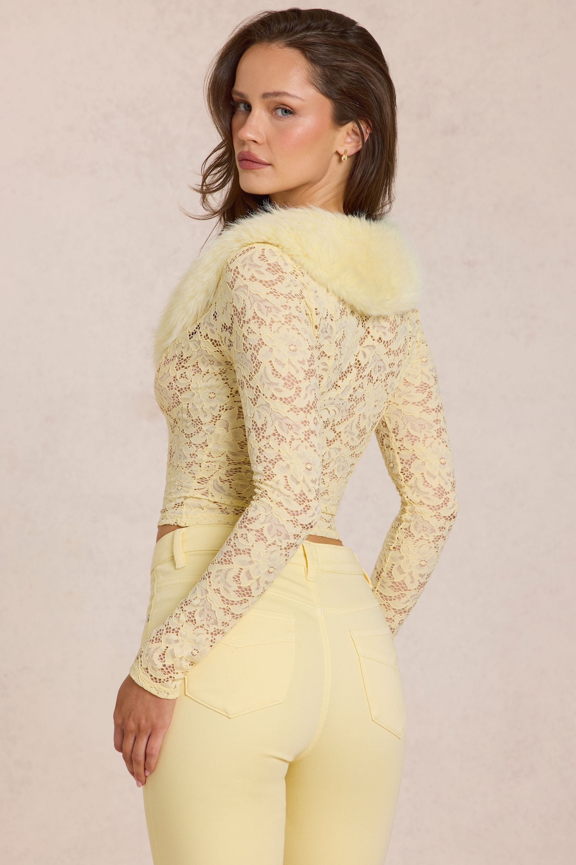 Lace Faux-Fur-Trim Cardigan in Lemon Yellow