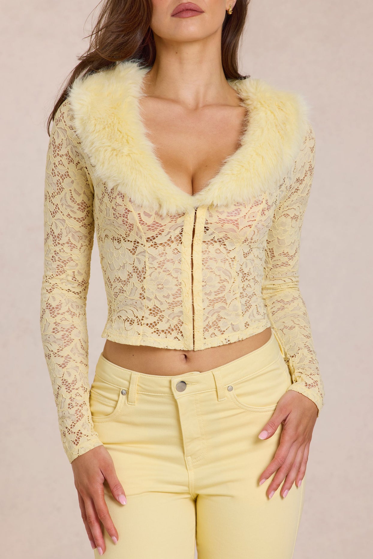 Lace Faux-Fur-Trim Cardigan in Lemon Yellow - 5