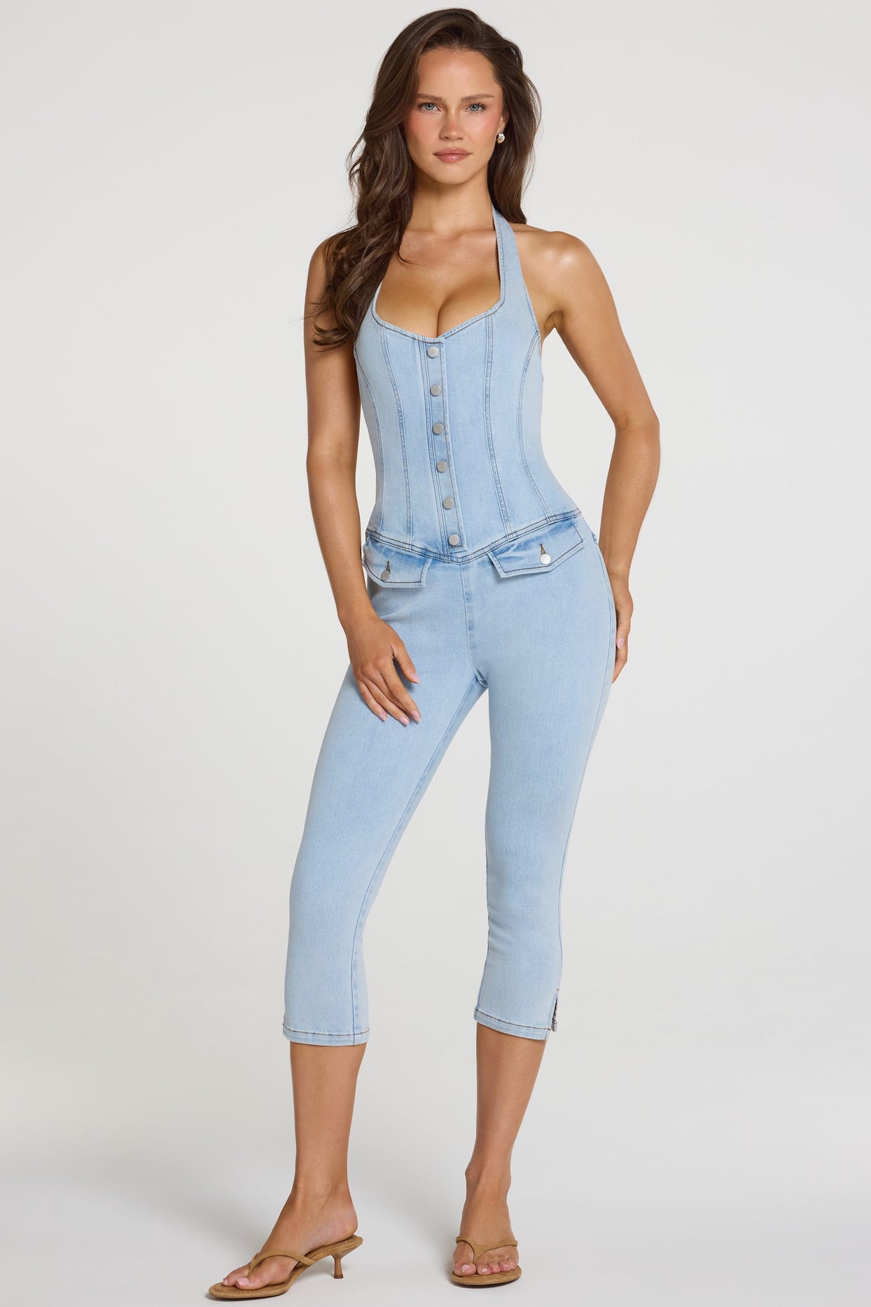 Denim Capri Jumpsuit  in Light Denim - 6