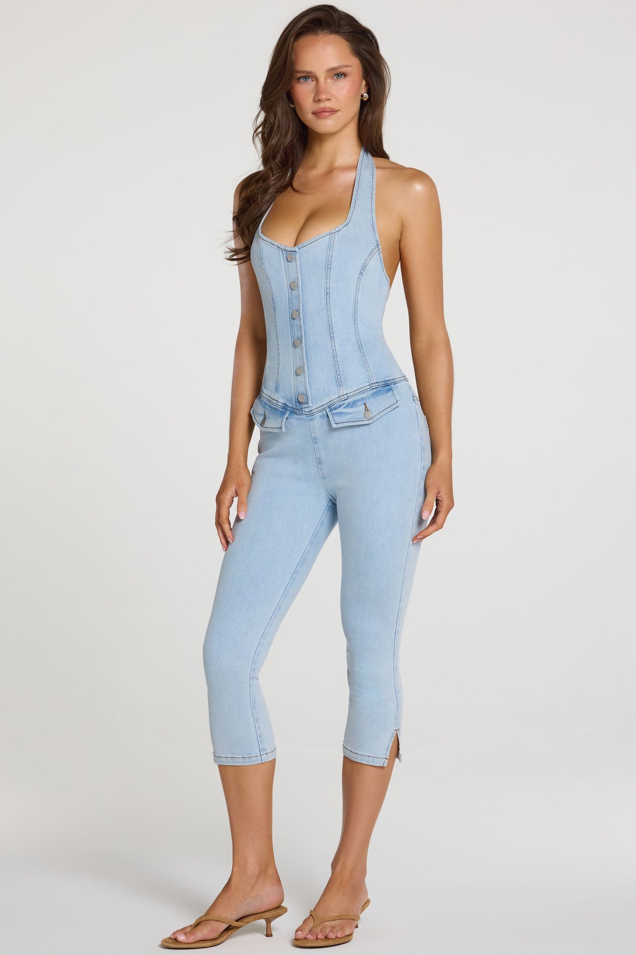 Denim Capri Jumpsuit  in Light Denim - 8