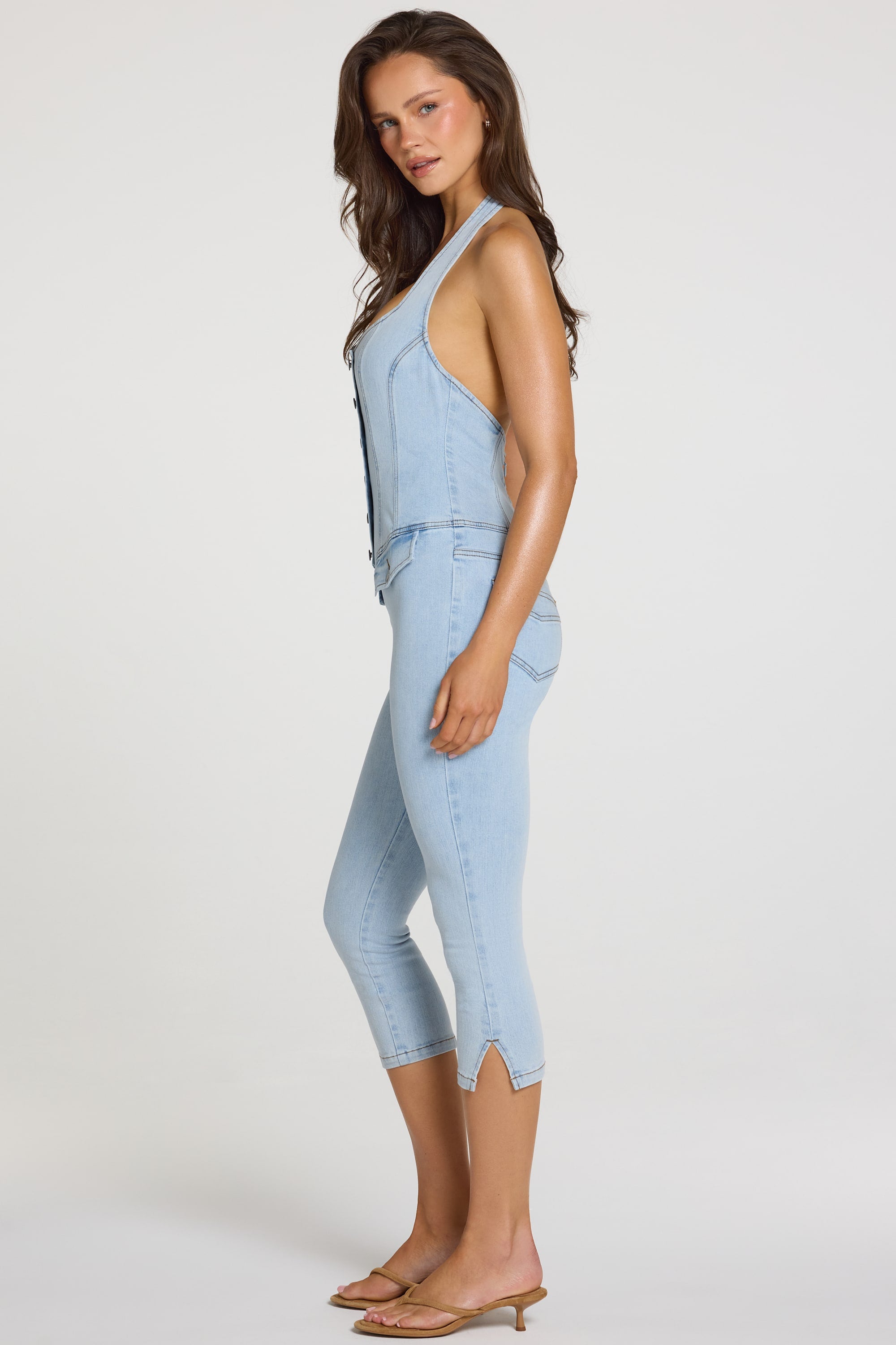 Romee Denim Capri Jumpsuit in Light Denim | Oh Polly – Oh Polly US