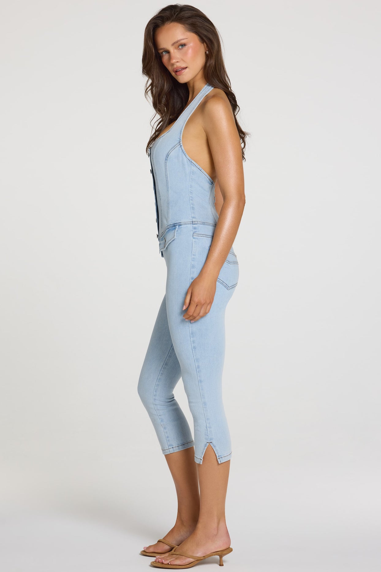 Denim Capri Jumpsuit  in Light Denim - 4