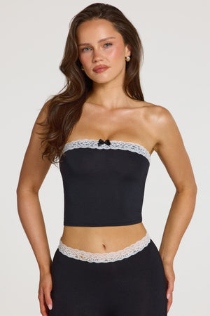 Oh Polly model Georgia wearing the Tali Bandeau in Black Modal fabric perfect for a night out