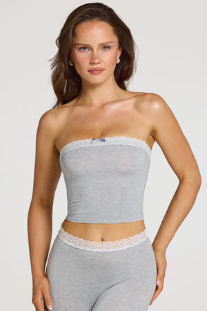 Oh Polly model Georgia wearing the Tali Bandeau in Grey Marl Modal fabric perfect for summer beach days