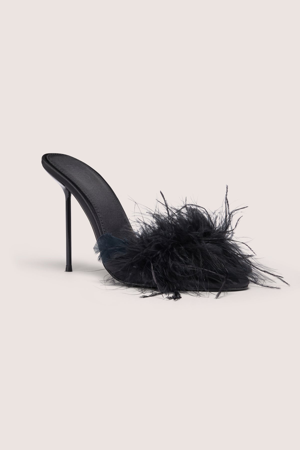 Feathered Satin Heeled Mule in Black - 1
