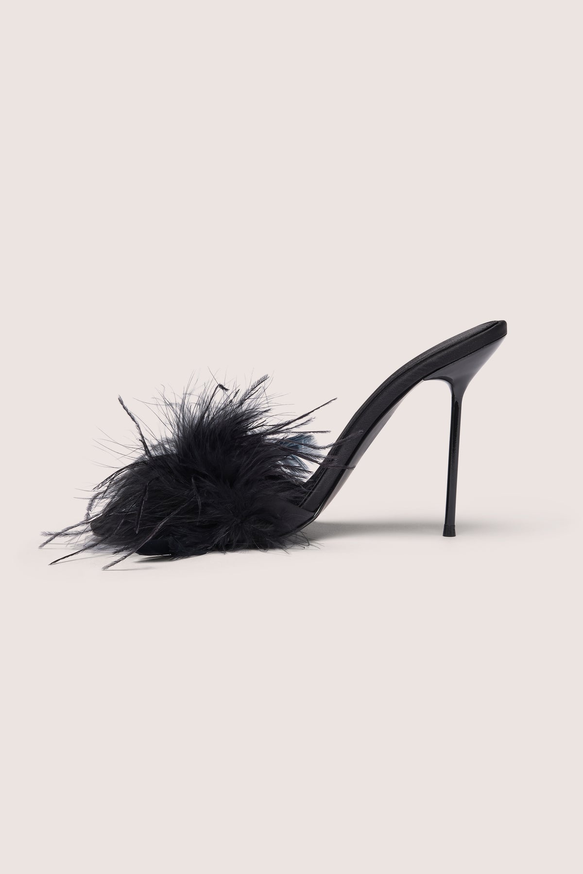 Feathered Satin Heeled Mule in Black
