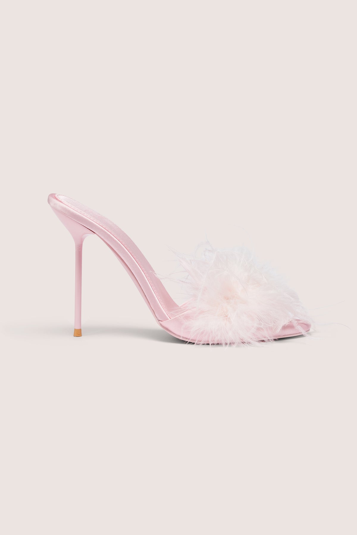 Feathered Satin Heeled Mule in Blossom Pink