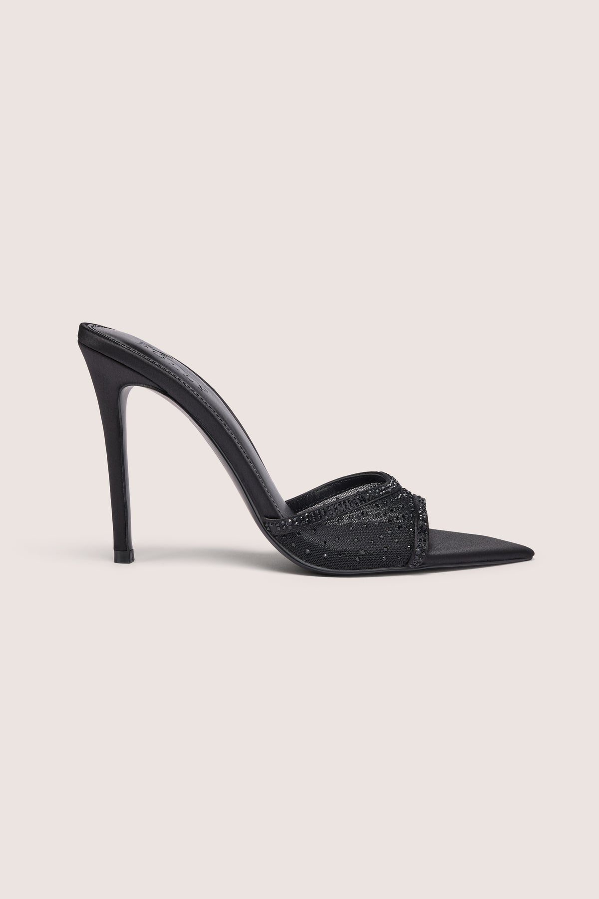 Embellished Satin Heeled Mule in Black