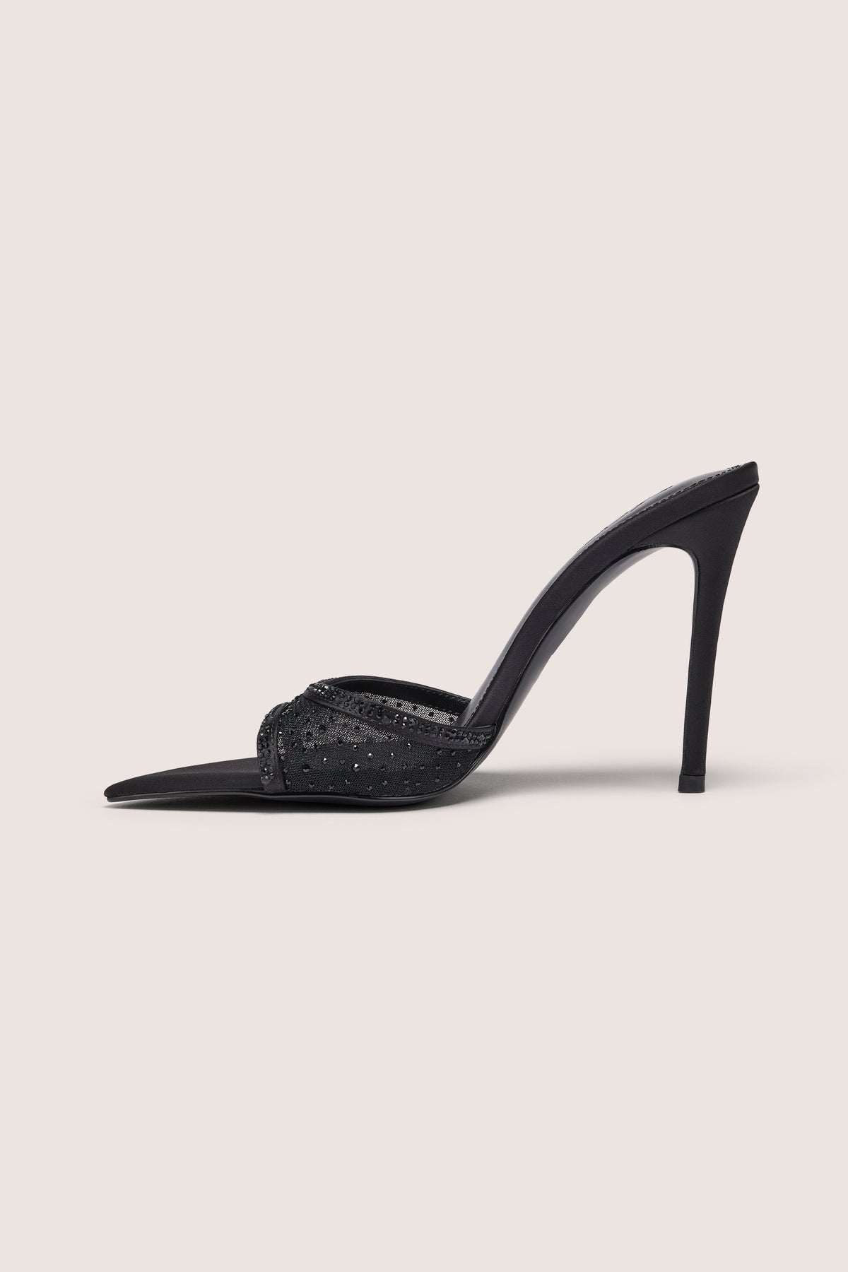 Embellished Satin Heeled Mule in Black