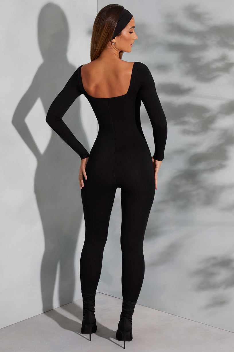 Square Neck Long Sleeve Jumpsuit in Black - 2