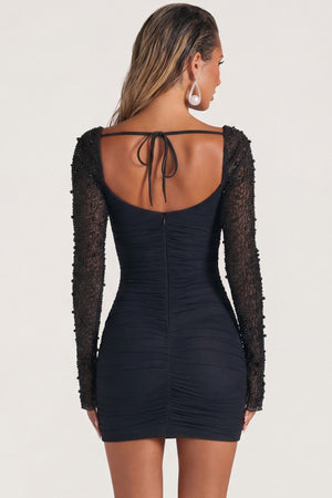 Oh Polly's Sierra Skye wearing the Attention Please Mini Dress in Black Embellished, Mesh fabric perfect for date night style