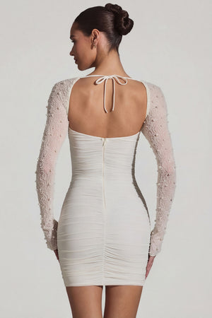 Embellished Long-Sleeve Mini Dress in White - 8 / Regular | Oh Polly Embellished Long-Sleeve Mini Dress in White - 8 / Regular | Oh Polly