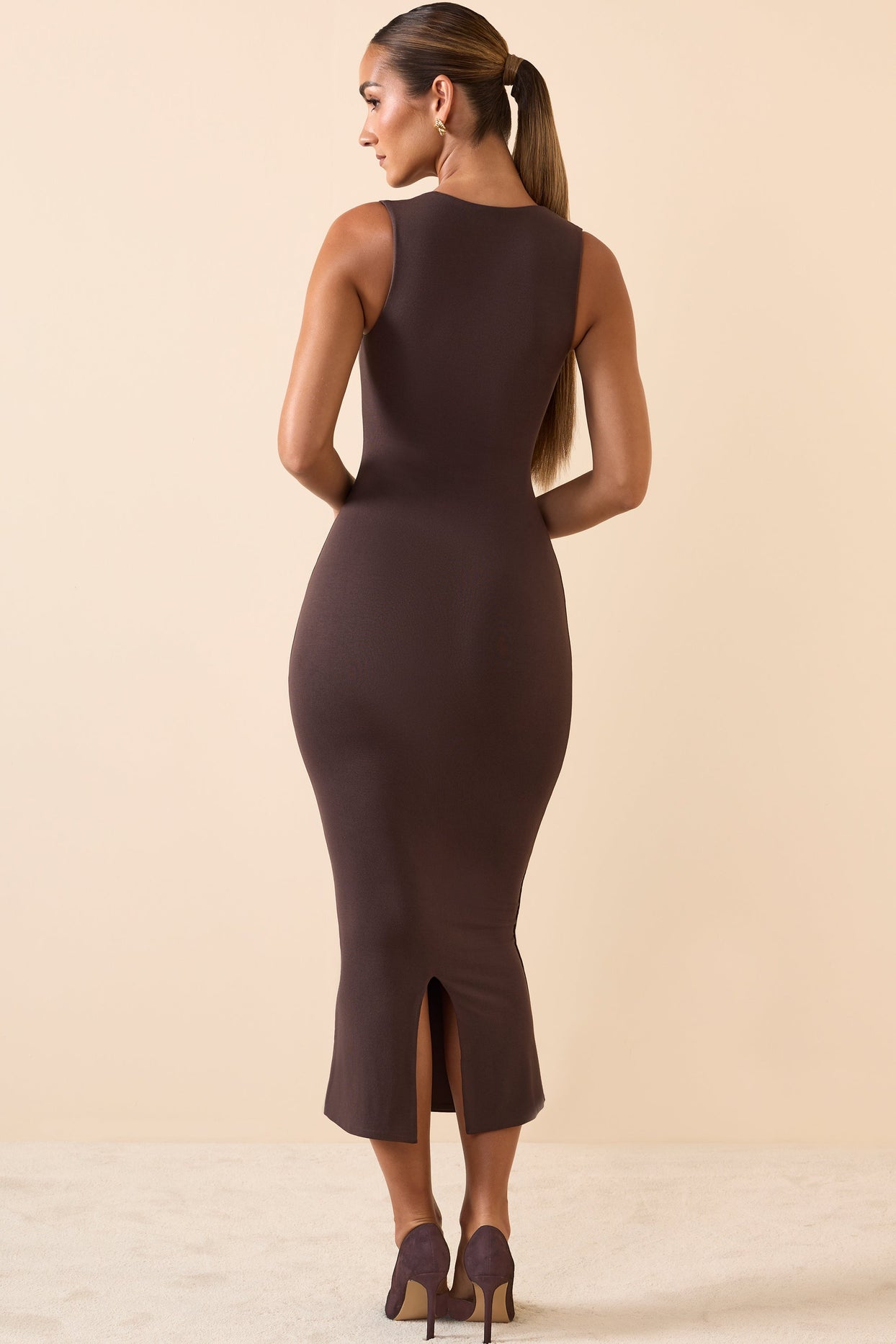 Modal Square-Neck Midi Dress in Chocolate Brown