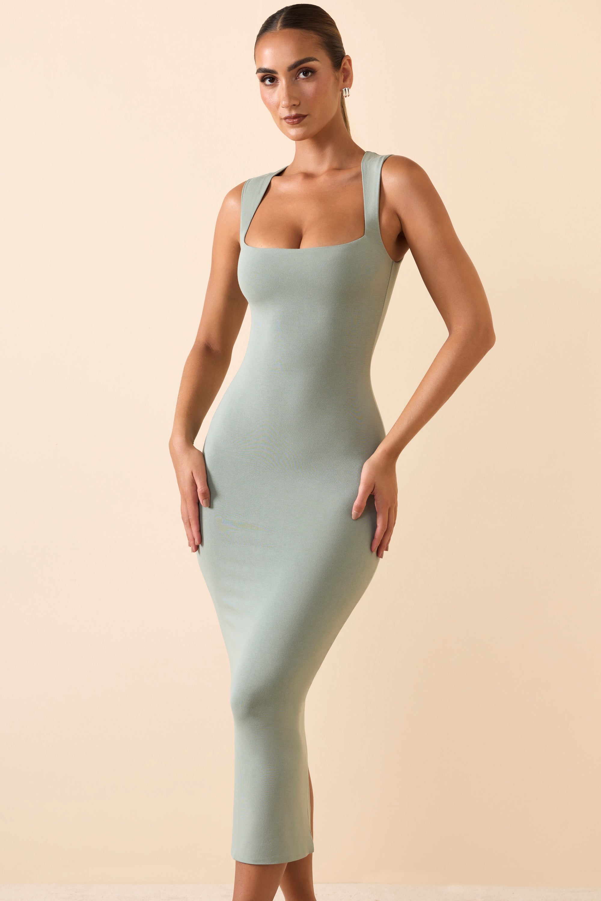 Modal Square-Neck Midi Dress in Smoke Green