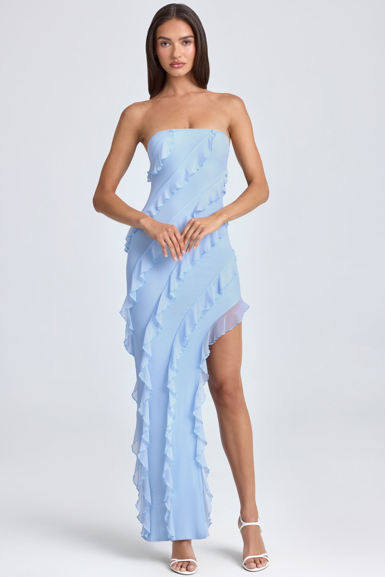 Bandeau Ruffle-Trim Maxi Dress in Powder Blue