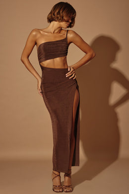 One Shoulder Cut Out Maxi Dress in Brown