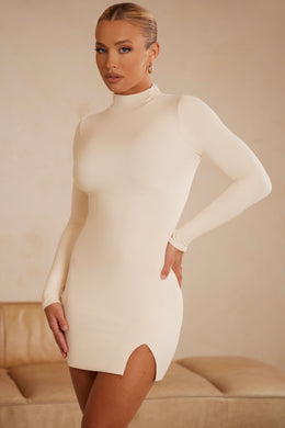 High Neck Long Sleeve Mini Dress in Ivory