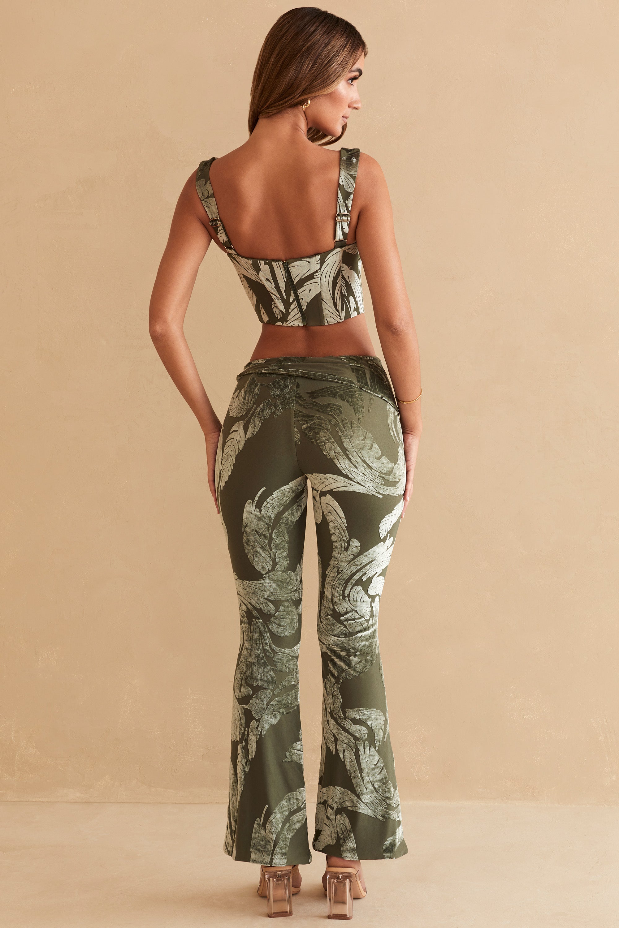 Ring Detail Bootleg Trousers in Olive Print