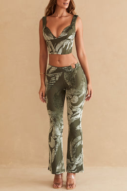 Ring Detail Bootleg Trousers in Olive Print