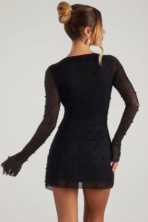 Oh Polly's Sierra Skye wearing the Chelsea Mini Dress in Black Embellished fabric perfect for a night out