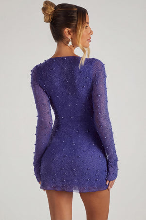 Embellished Wrap Over A-Line Mini Dress in Dark Blue - 2 | Oh Polly Embellished Wrap Over A-Line Mini Dress in Dark Blue - 2 | Oh Polly