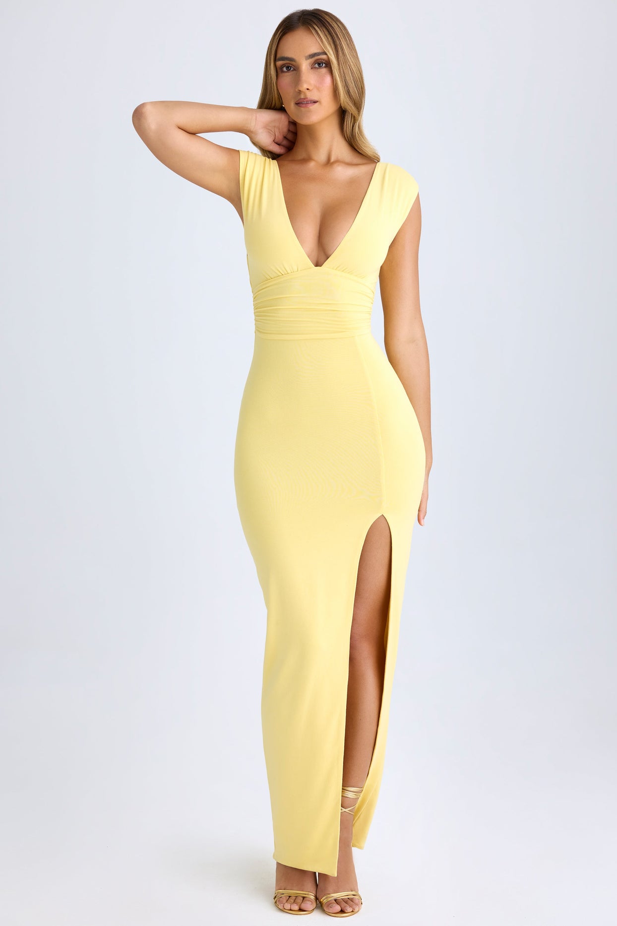 Modal High-Split Plunge-Neck Maxi Dress in Lemon Sherbet