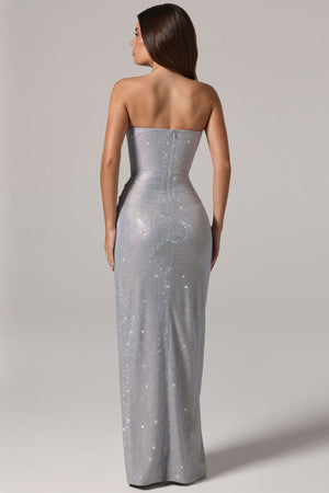 Embellished Bandeau Cowl-Waist Maxi Dress in Silver
