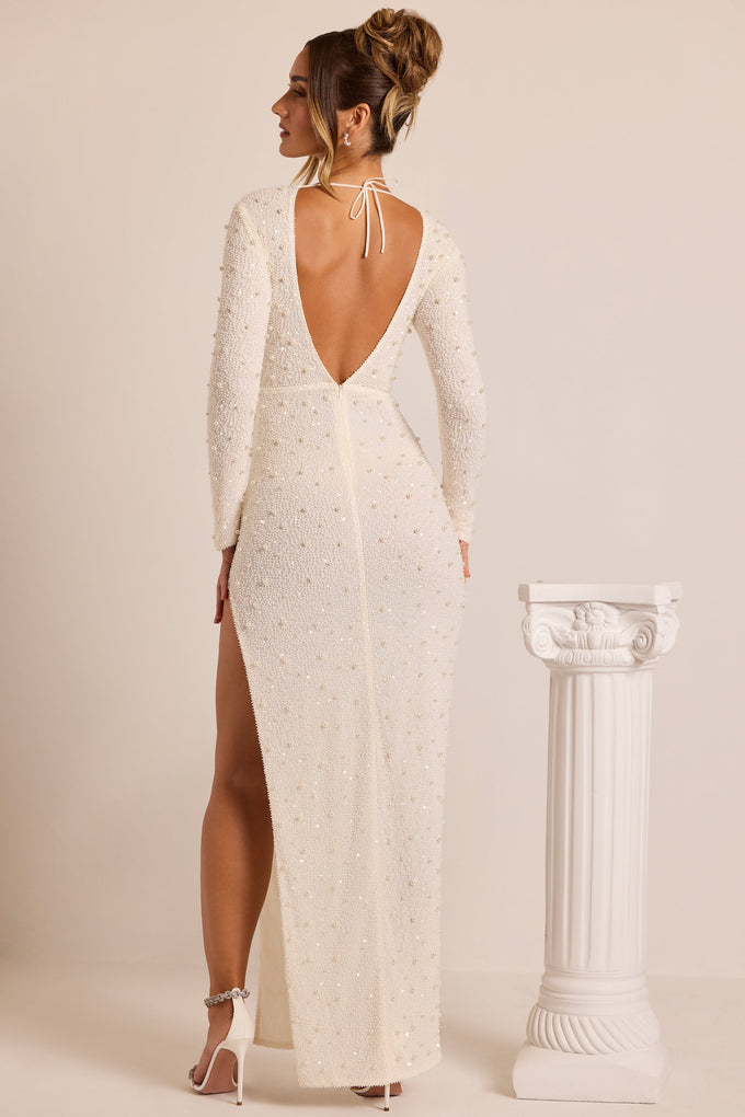 Embellished Long Sleeve Backless Maxi Dress in White