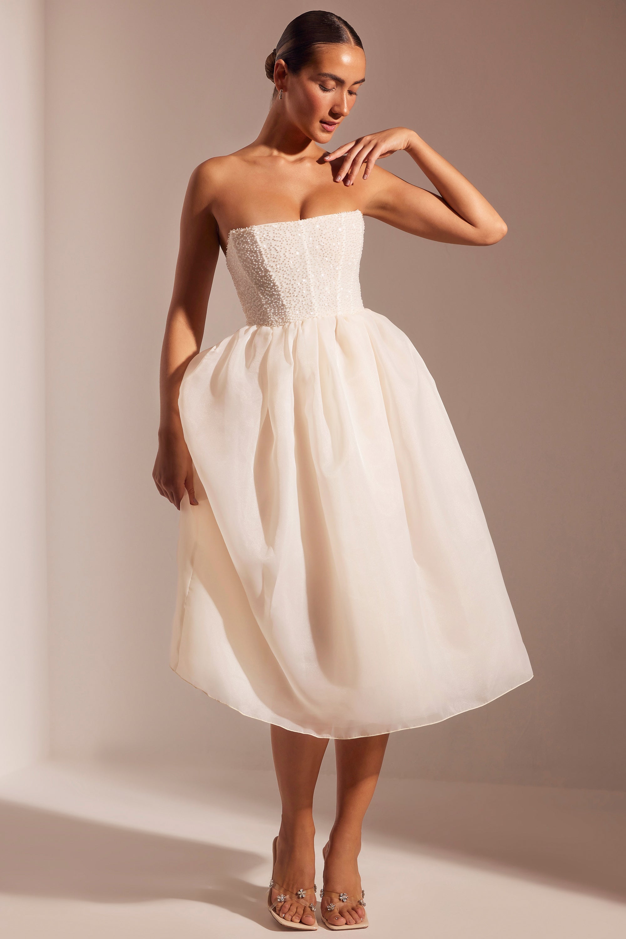 Rosette Embellished Corset Tulle Skirt Midi Dress in Ivory | Oh Polly