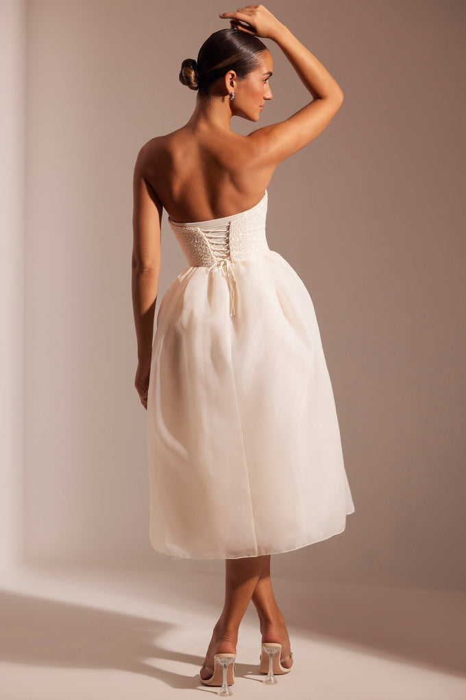 Embellished Corset Tulle Skirt Midi Dress in Ivory