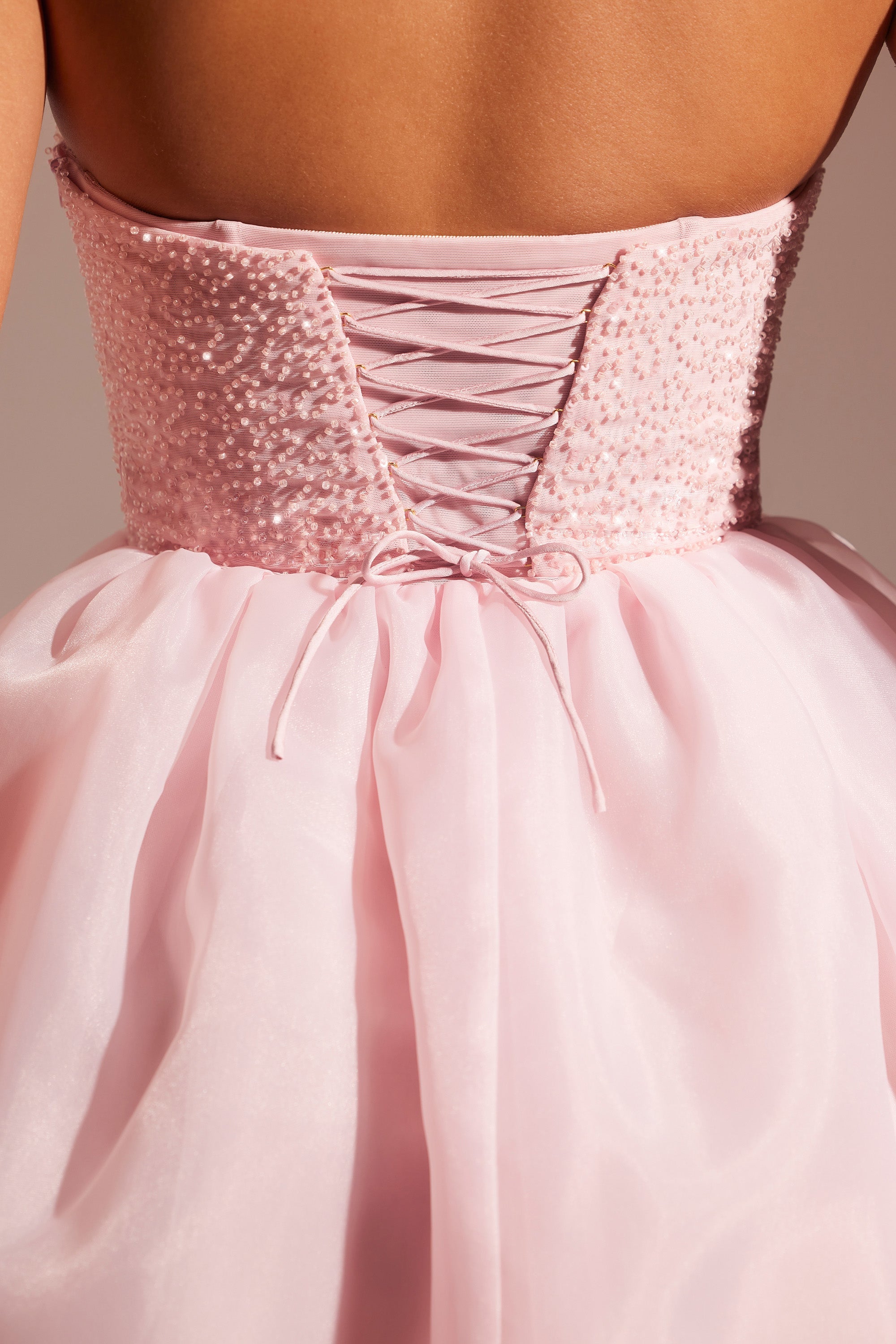 Rosette Embellished Corset Tulle Skirt Midi Dress in Blush | Oh