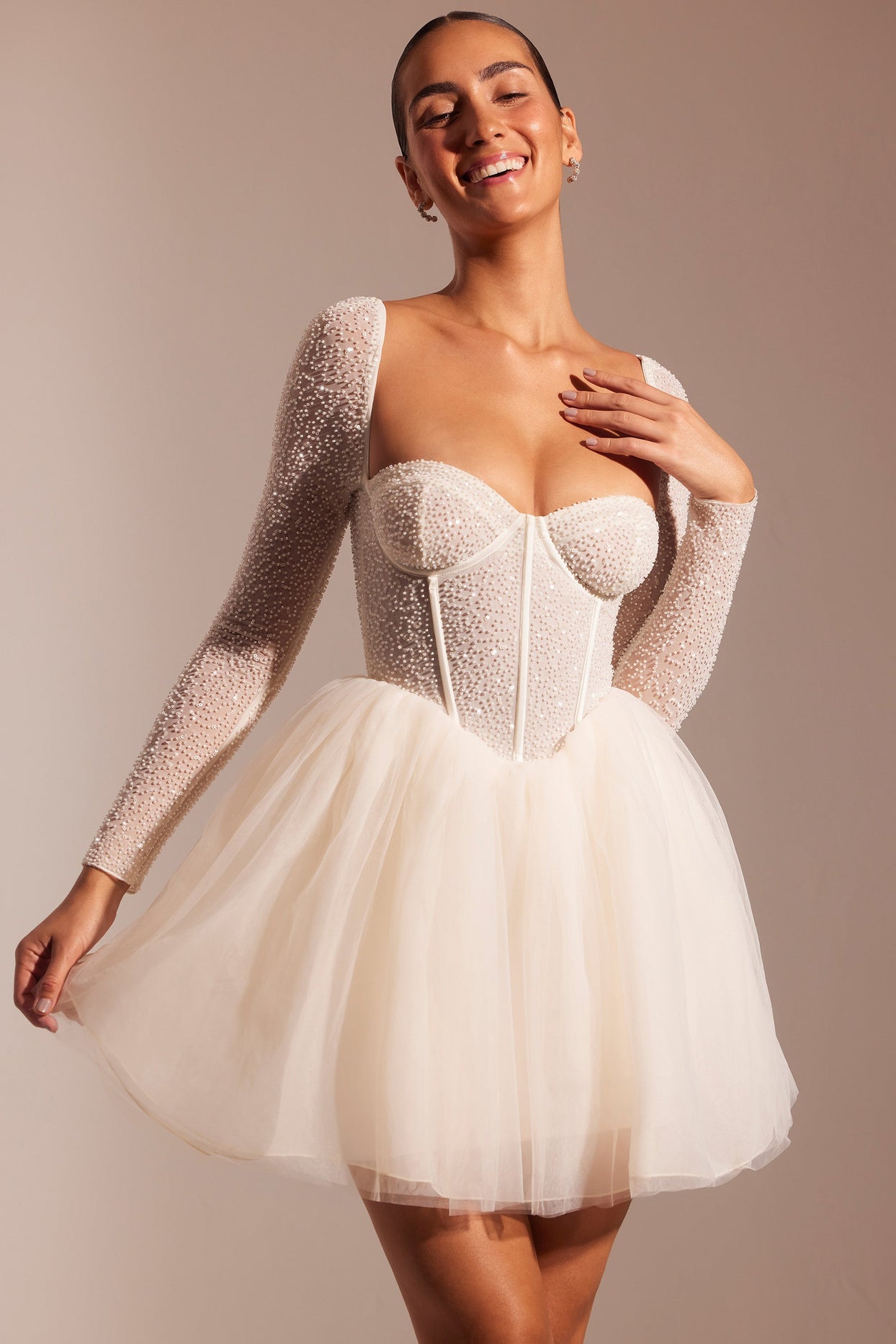Embellished Long Sleeve Tulle Skirt Mini Dress in Ivory - 8 / Regular | Oh Polly Embellished Long Sleeve Tulle Skirt Mini Dress in Ivory - 8 / Regular | Oh Polly