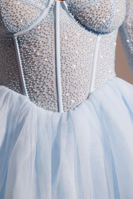 White & Blue 2Pc Rhinestone Crystal Bralette Top Tulle Skirt