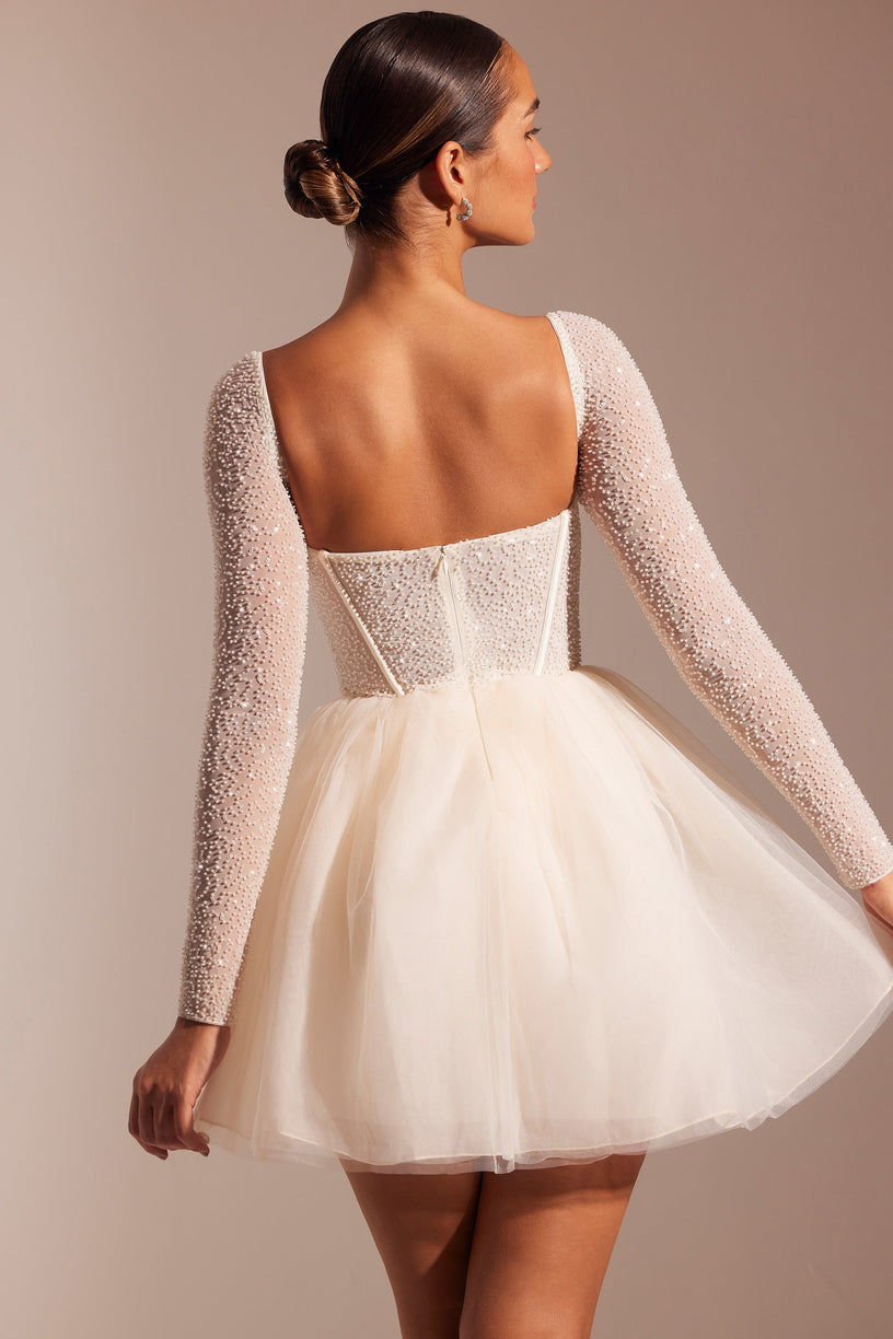 Embellished Long Sleeve Tulle Skirt Mini Dress in Ivory - 2