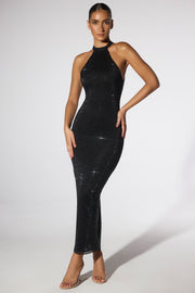 Sarita Embellished Halter Neck Low Back Evening Gown in Black | Oh Polly