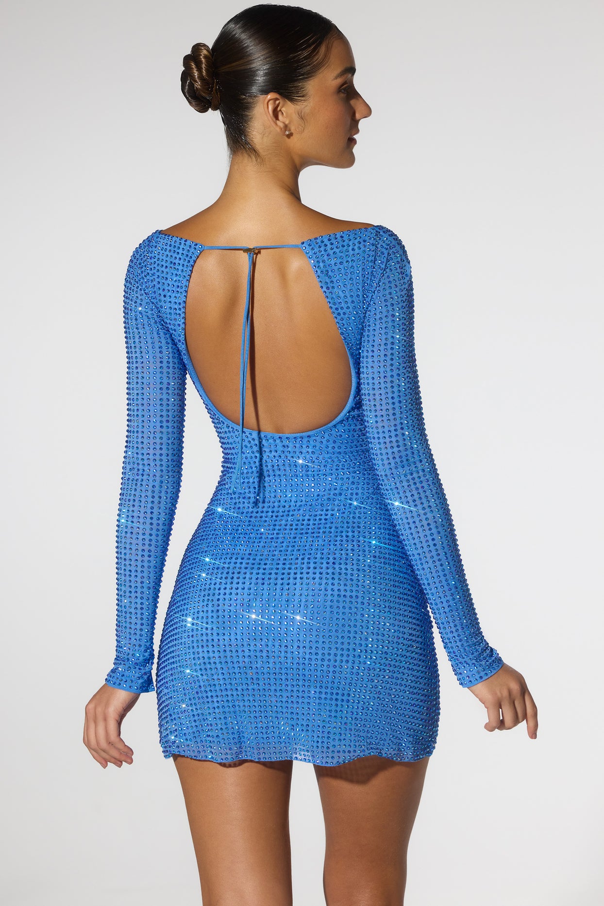 Valeria Embellished Corset Open Back Long Sleeve Mini Dress in Cobalt Blue