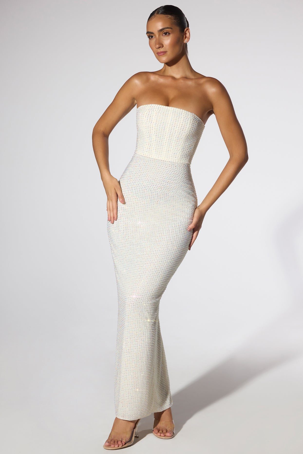 Embellished Strapless Evening Gown in Ivory