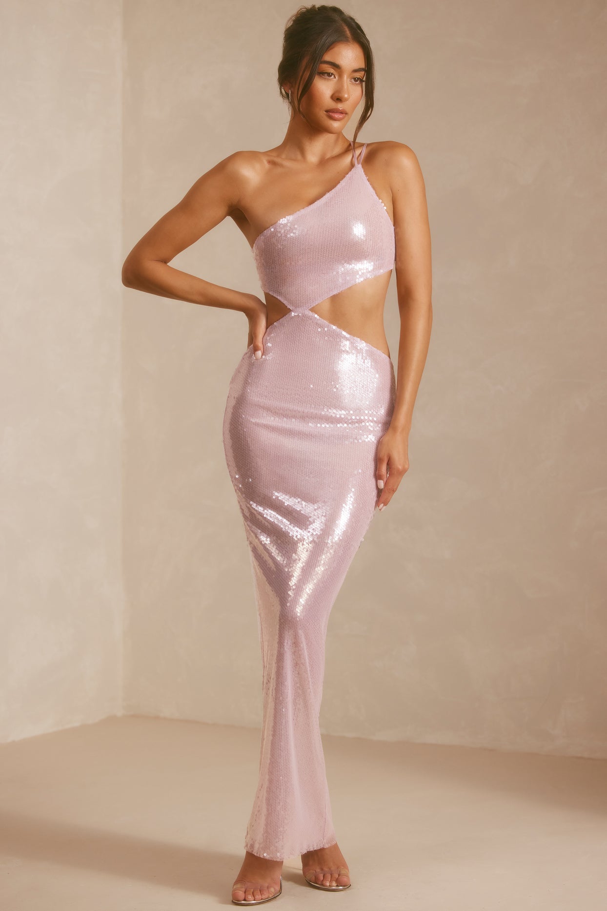 Sheer Sequin One Shoulder Cut Out Maxi Dress in Lilac