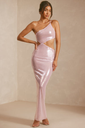 Sheer Sequin One Shoulder Cut Out Maxi Dress in Lilac Sheer Sequin One Shoulder Cut Out Maxi Dress in Lilac