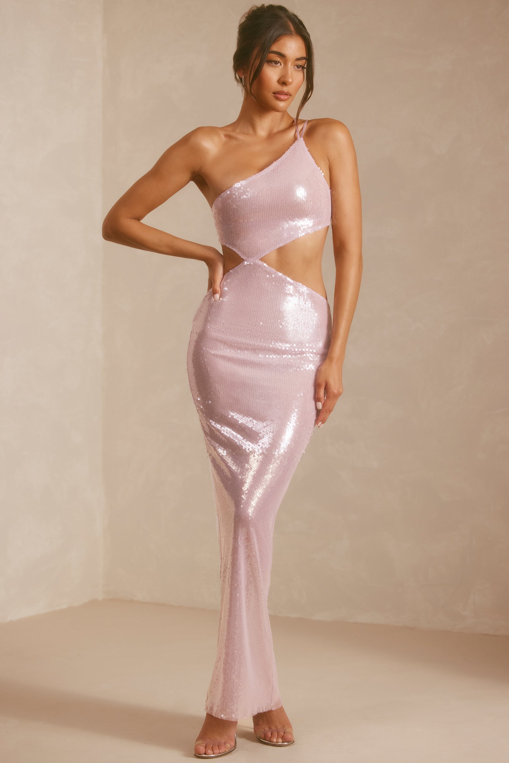Sheer Sequin One Shoulder Cut Out Maxi Dress in Lilac - 1