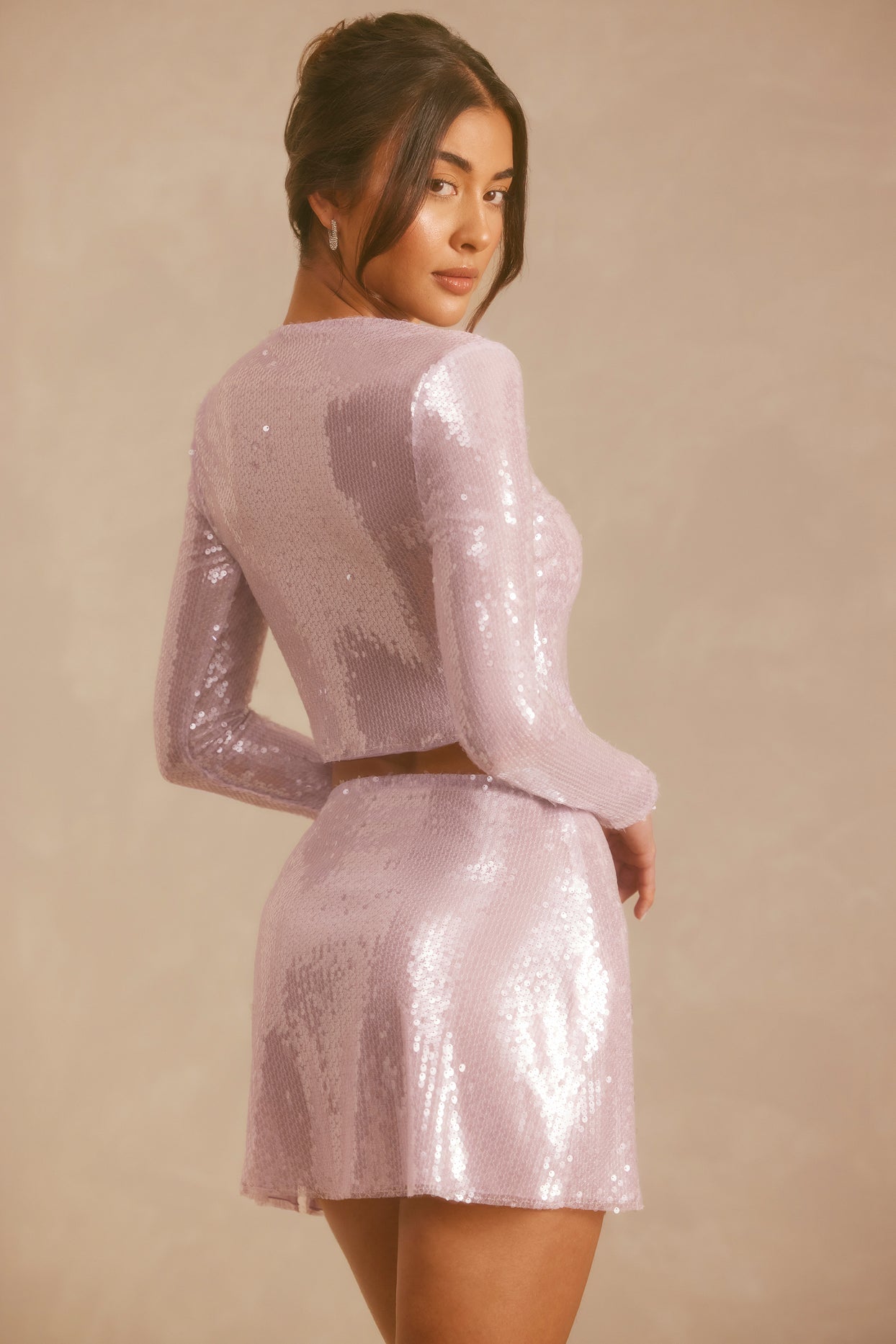 Sheer Sequin Side Split Mid Rise Mini Skirt in Lilac