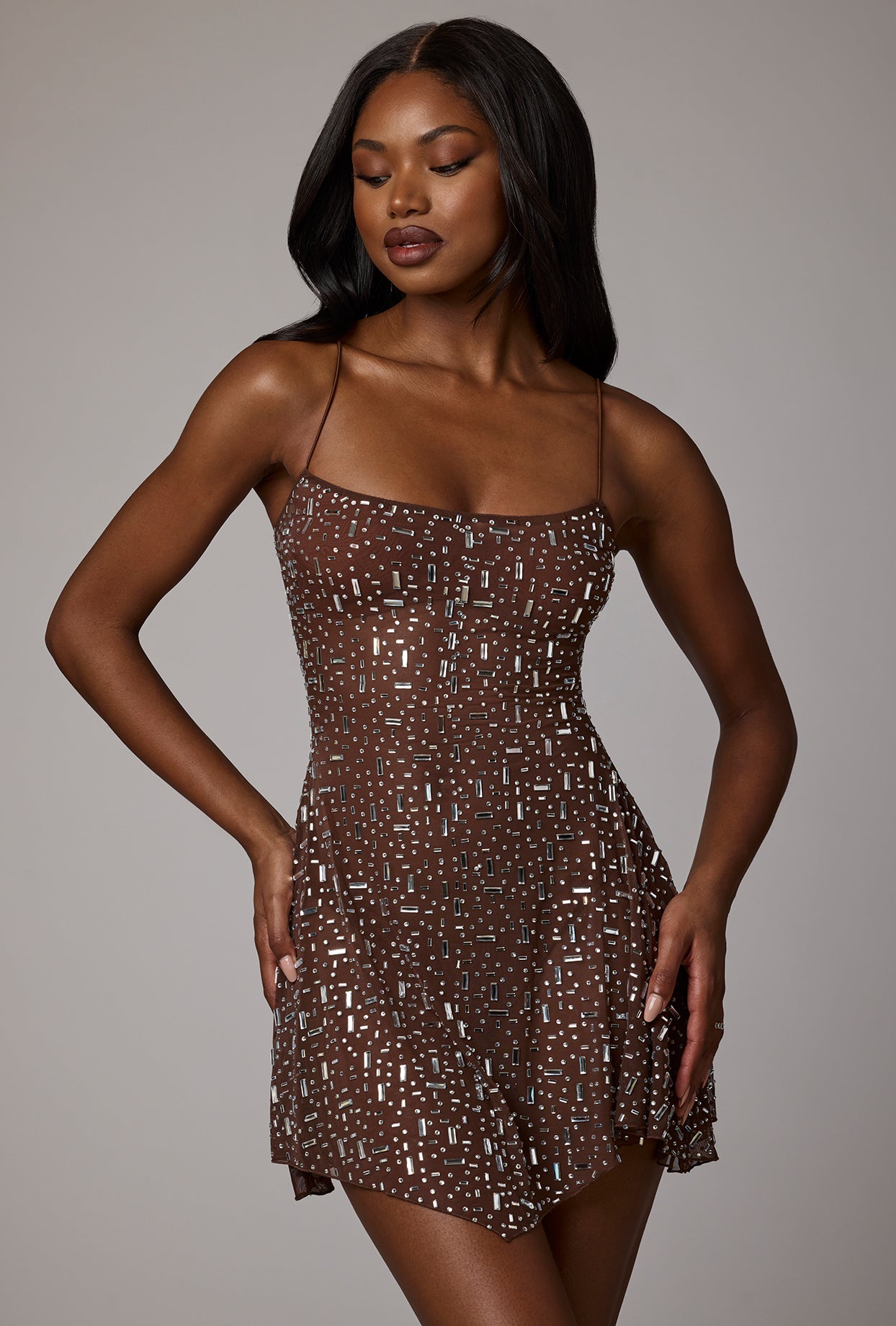 Durrani Sheer Embellished Scoop Neck Mini Dress in Deep Cocoa | Oh